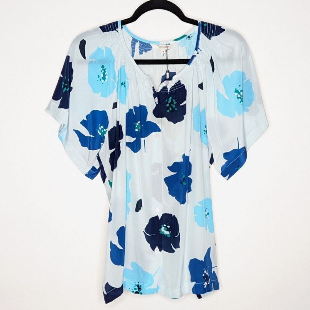 Tucker Short Sleeve Classic Blouse Sapphire Poppies in Silk Crepe de Chine